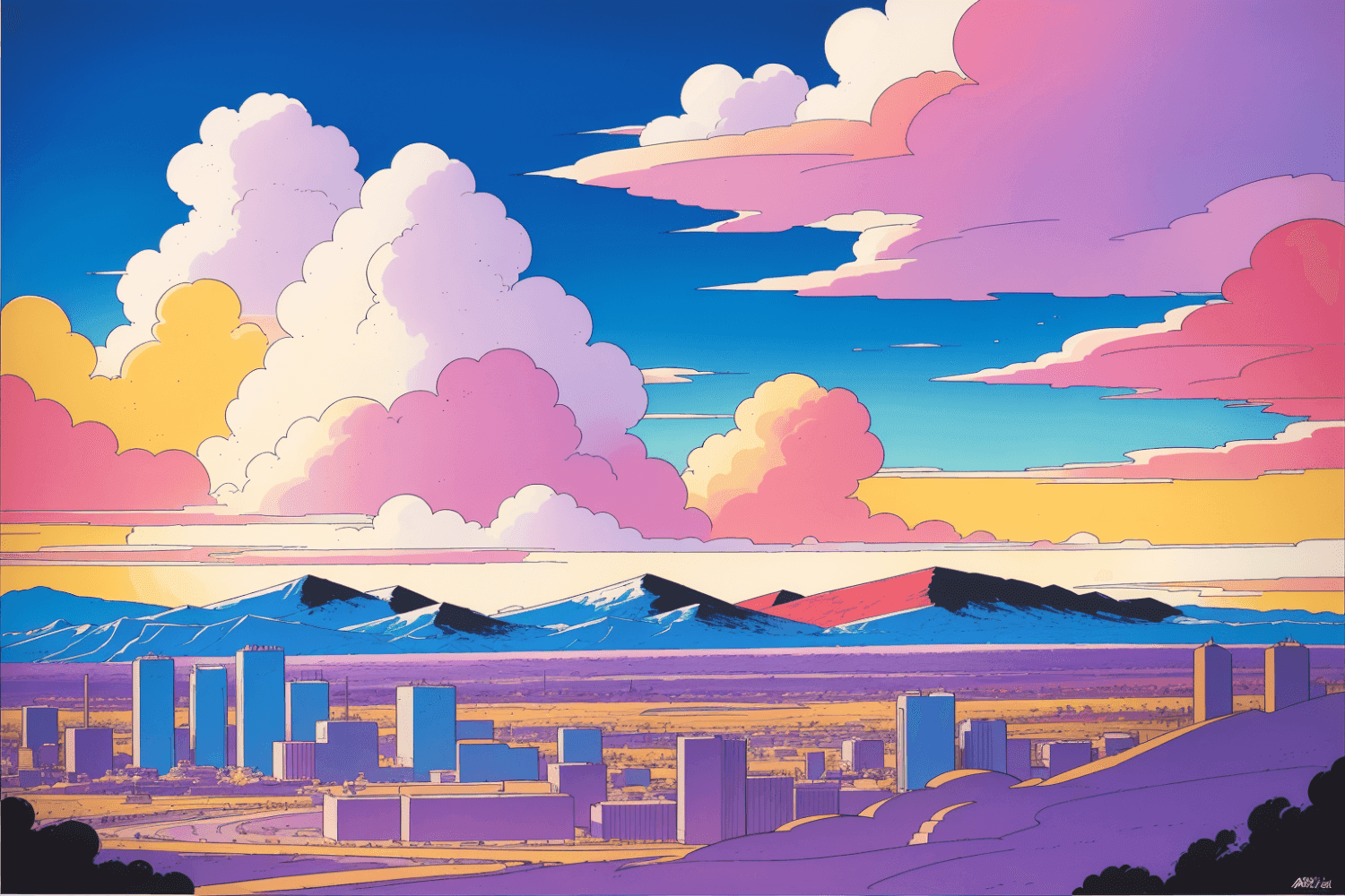 A comic style landscape, clouds and distant city
