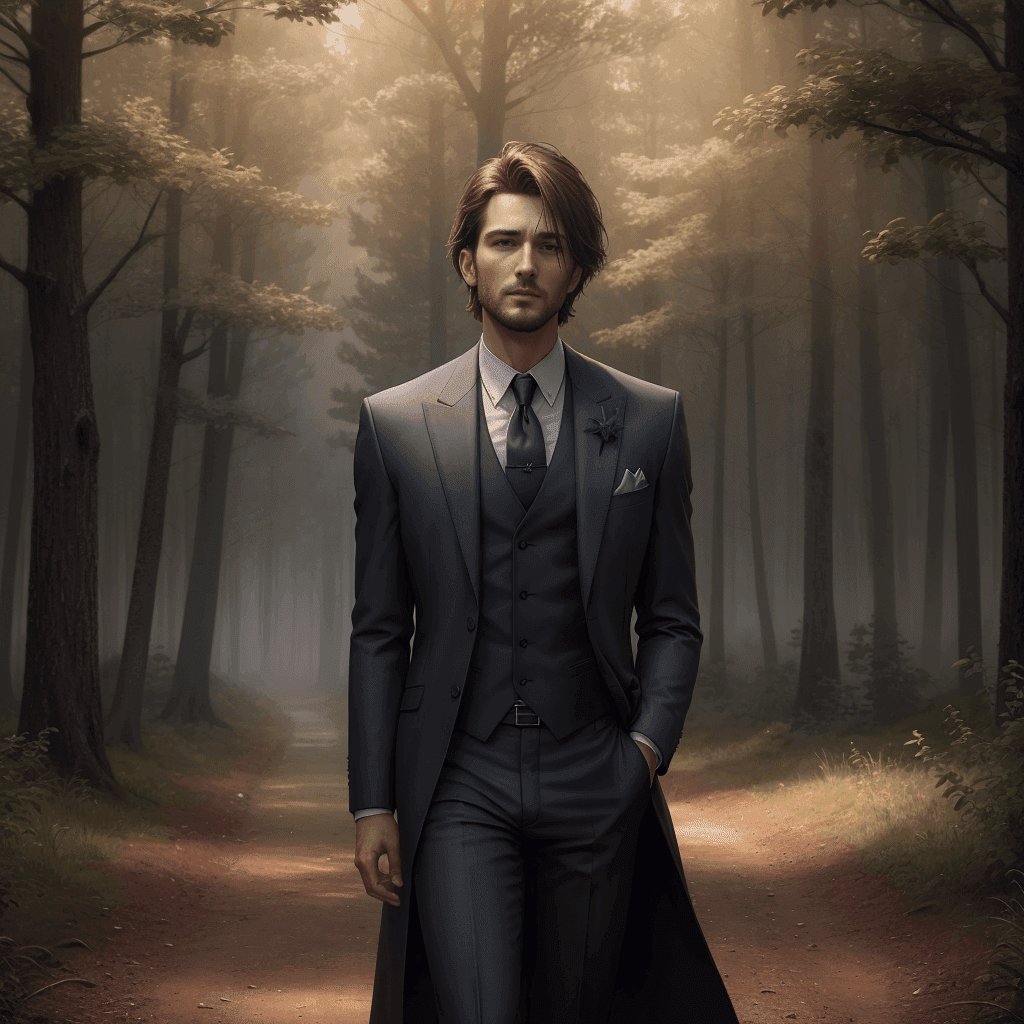 A man in a suit walking in the woods
