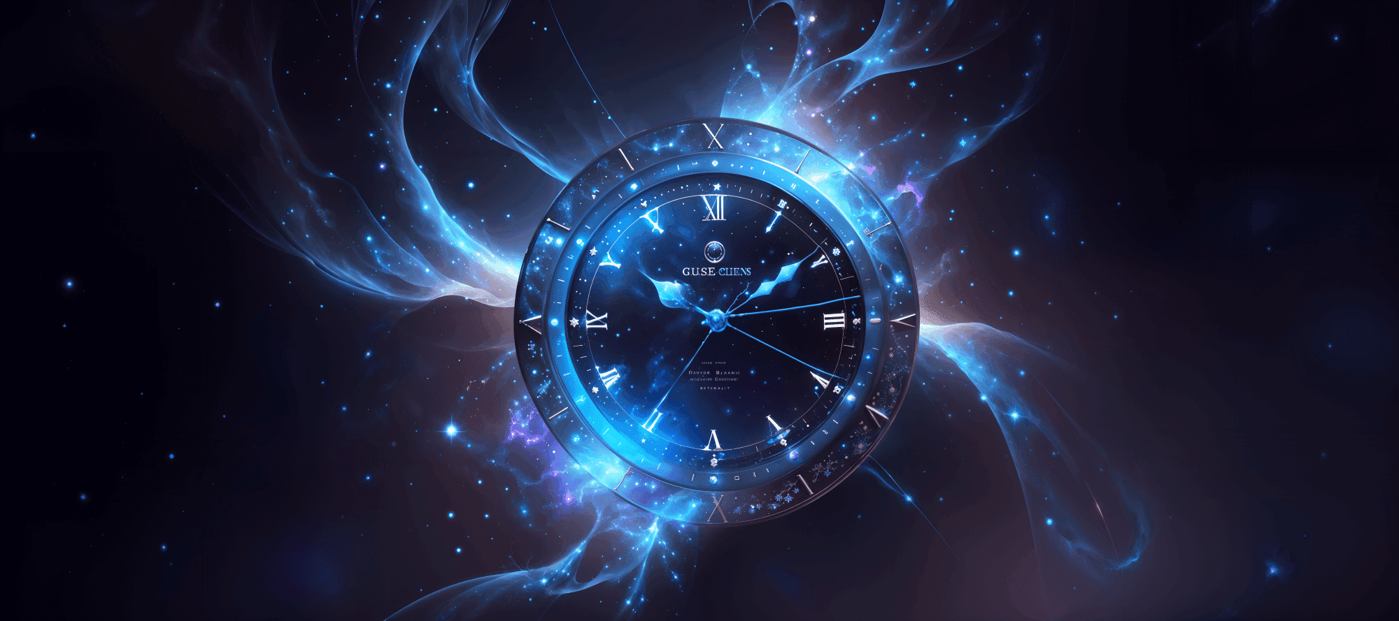 A clock floating in space surrounded by energy and power